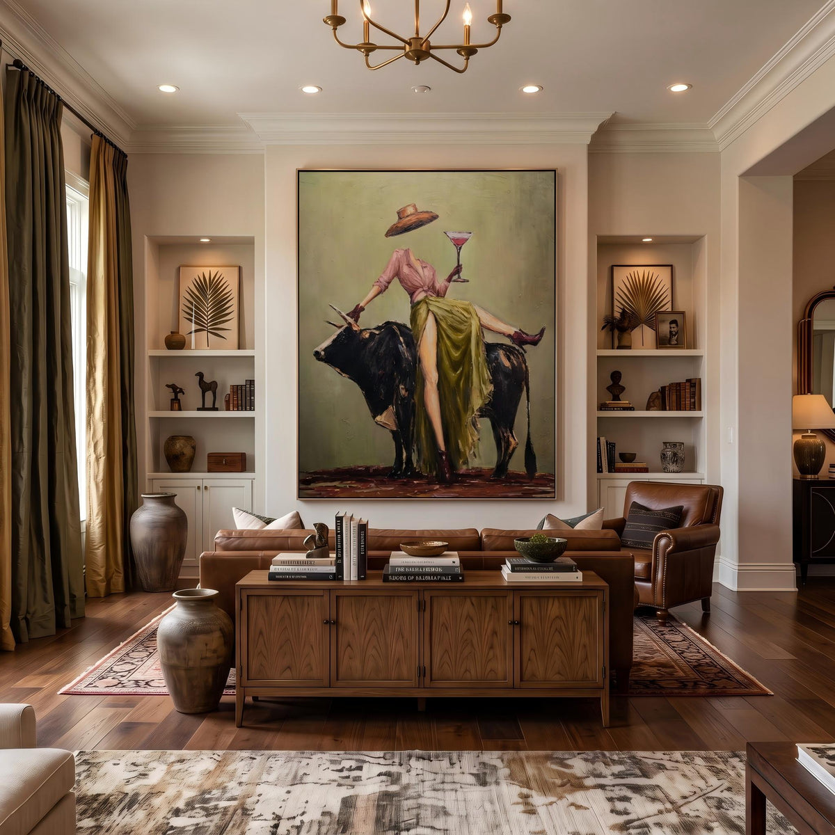 "Cowboy Woman Cocktail" - Modern Heavy Impasto Western Animal Artwork | Green & Pink Palette Knife Painting | Luxury Vertical Wall Art #PT 2633