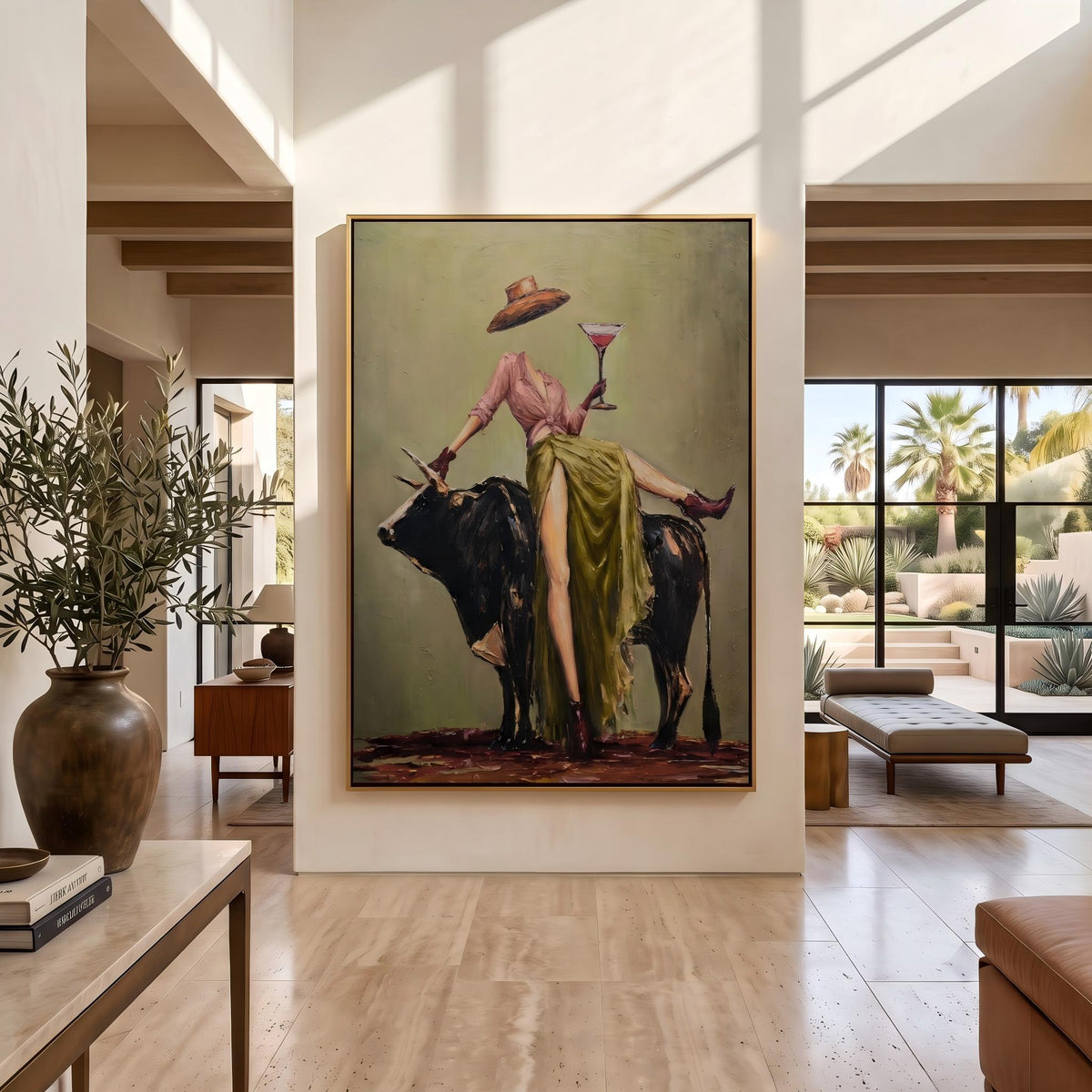 "Cowboy Woman Cocktail" - Modern Heavy Impasto Western Animal Artwork | Green & Pink Palette Knife Painting | Luxury Vertical Wall Art #PT 2633