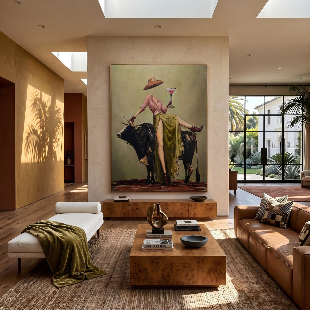 "Cowboy Woman Cocktail" - Modern Heavy Impasto Western Animal Artwork | Green & Pink Palette Knife Painting | Luxury Vertical Wall Art #PT 2633