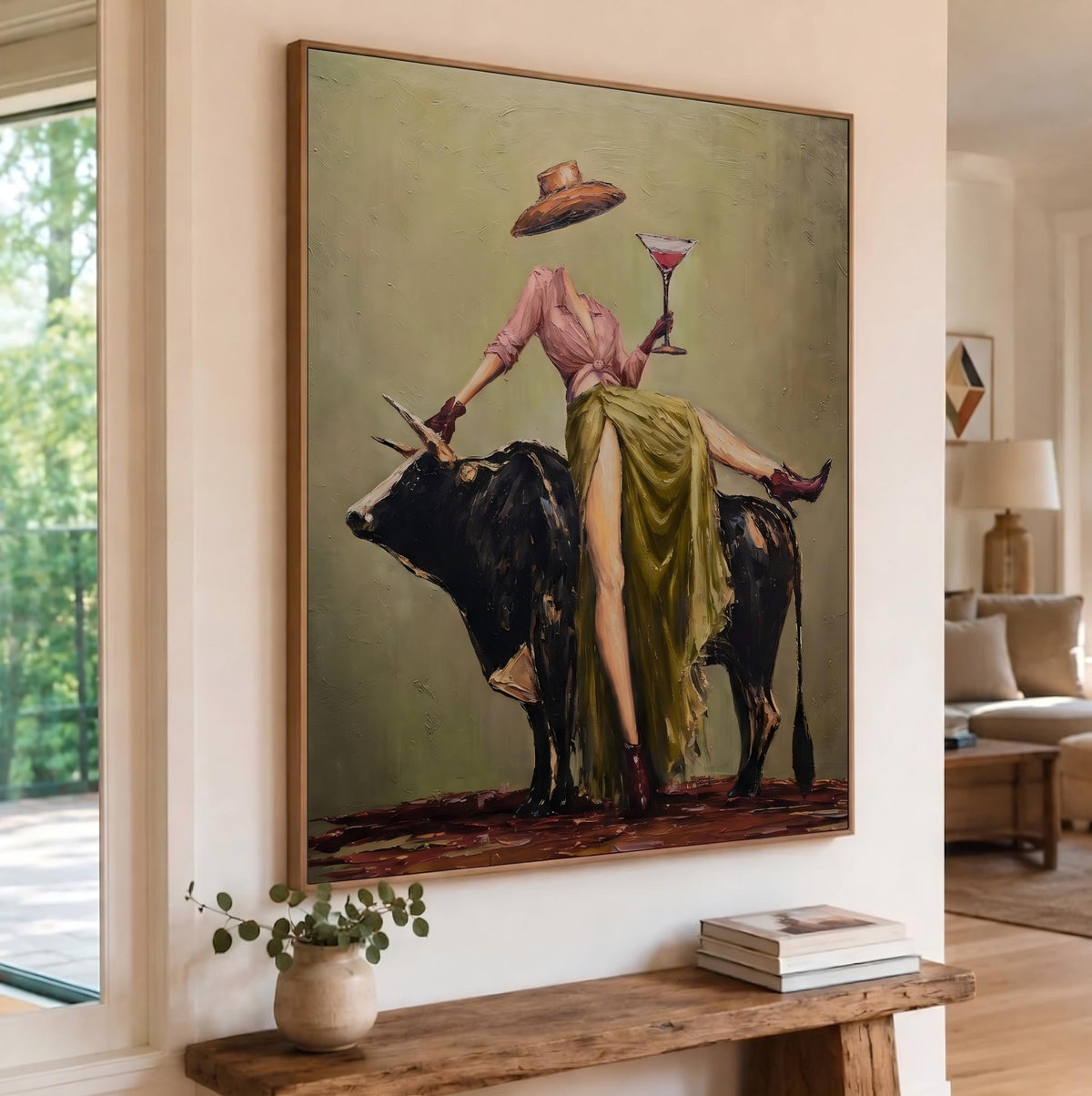 "Cowboy Woman Cocktail" - Modern Heavy Impasto Western Animal Artwork | Green & Pink Palette Knife Painting | Luxury Vertical Wall Art #PT 2633