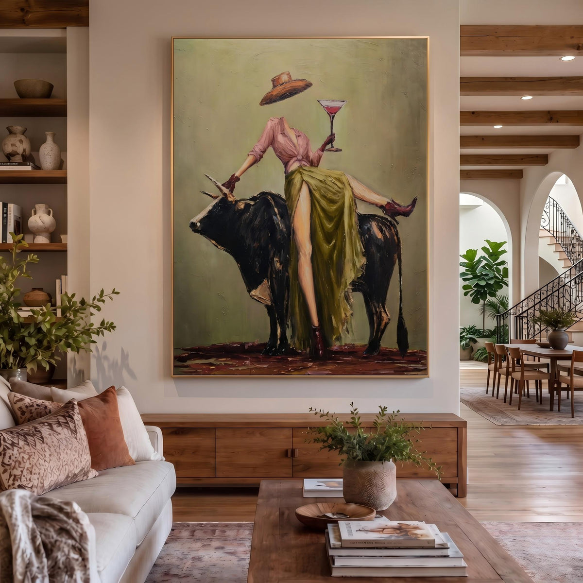 "Cowboy Woman Cocktail" - Modern Heavy Impasto Western Animal Artwork | Green & Pink Palette Knife Painting | Luxury Vertical Wall Art #PT 2633