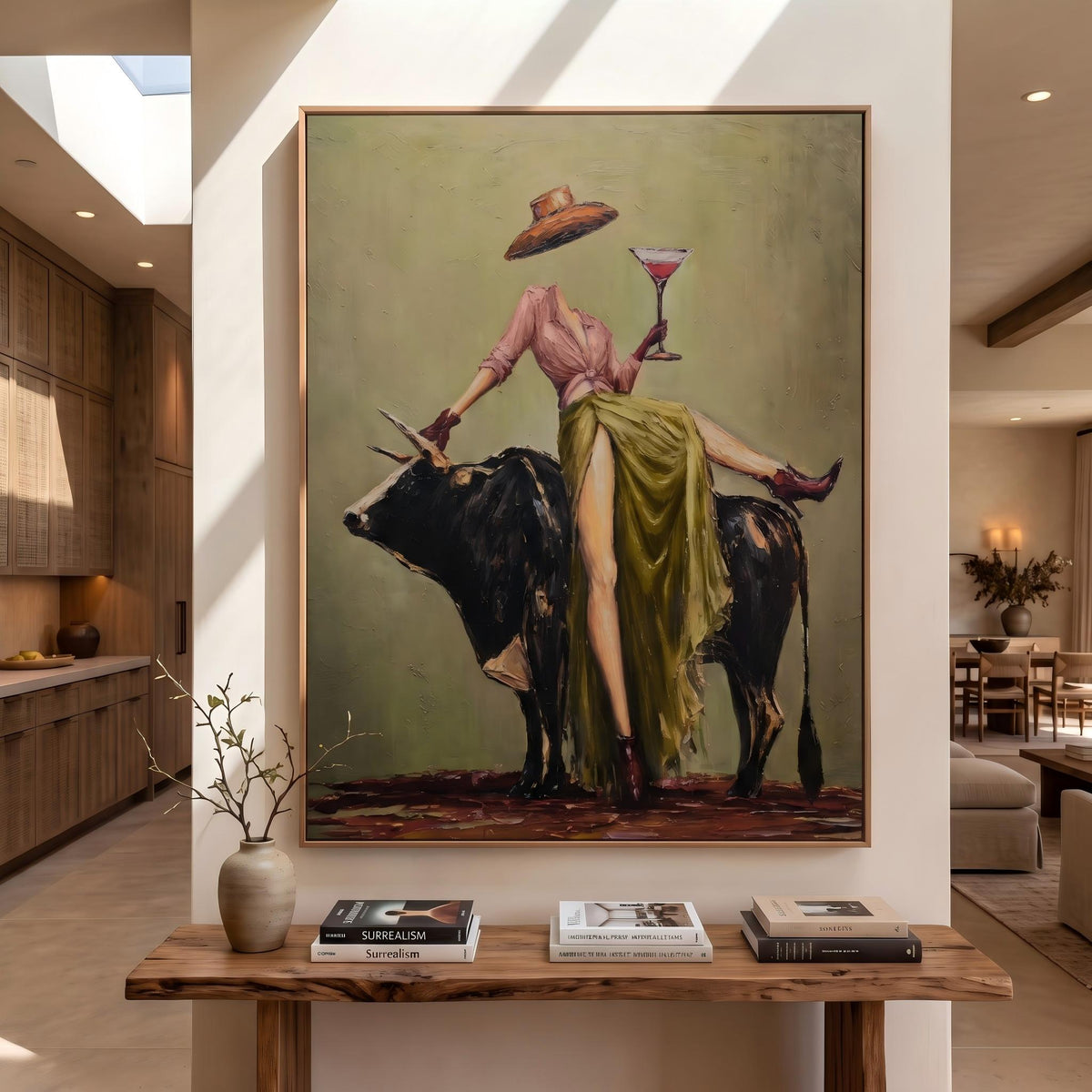 "Cowboy Woman Cocktail" - Modern Heavy Impasto Western Animal Artwork | Green & Pink Palette Knife Painting | Luxury Vertical Wall Art #PT 2633