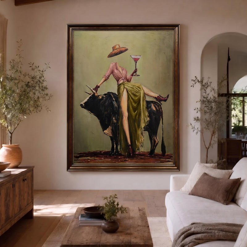 "Cowboy Woman Cocktail" - Modern Heavy Impasto Western Animal Artwork | Green & Pink Palette Knife Painting | Luxury Vertical Wall Art #PT 2633