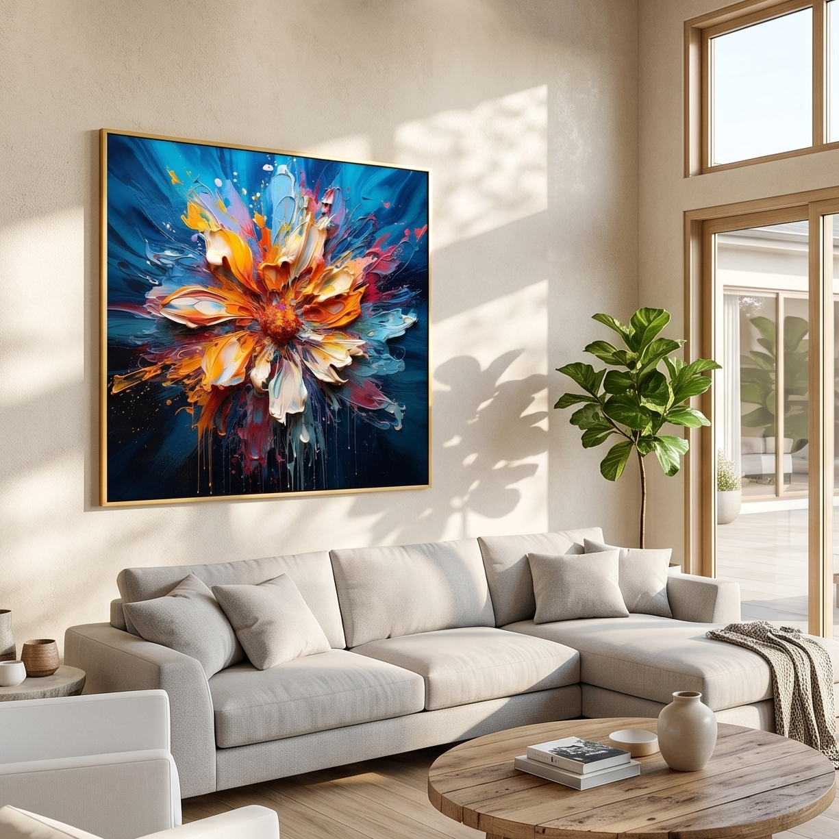 "Ignited Bloom" – Radiant Heavy Impasto Abstract Floral Oil Painting | Bold Dynamic 3D Texture Wall Art #FL302