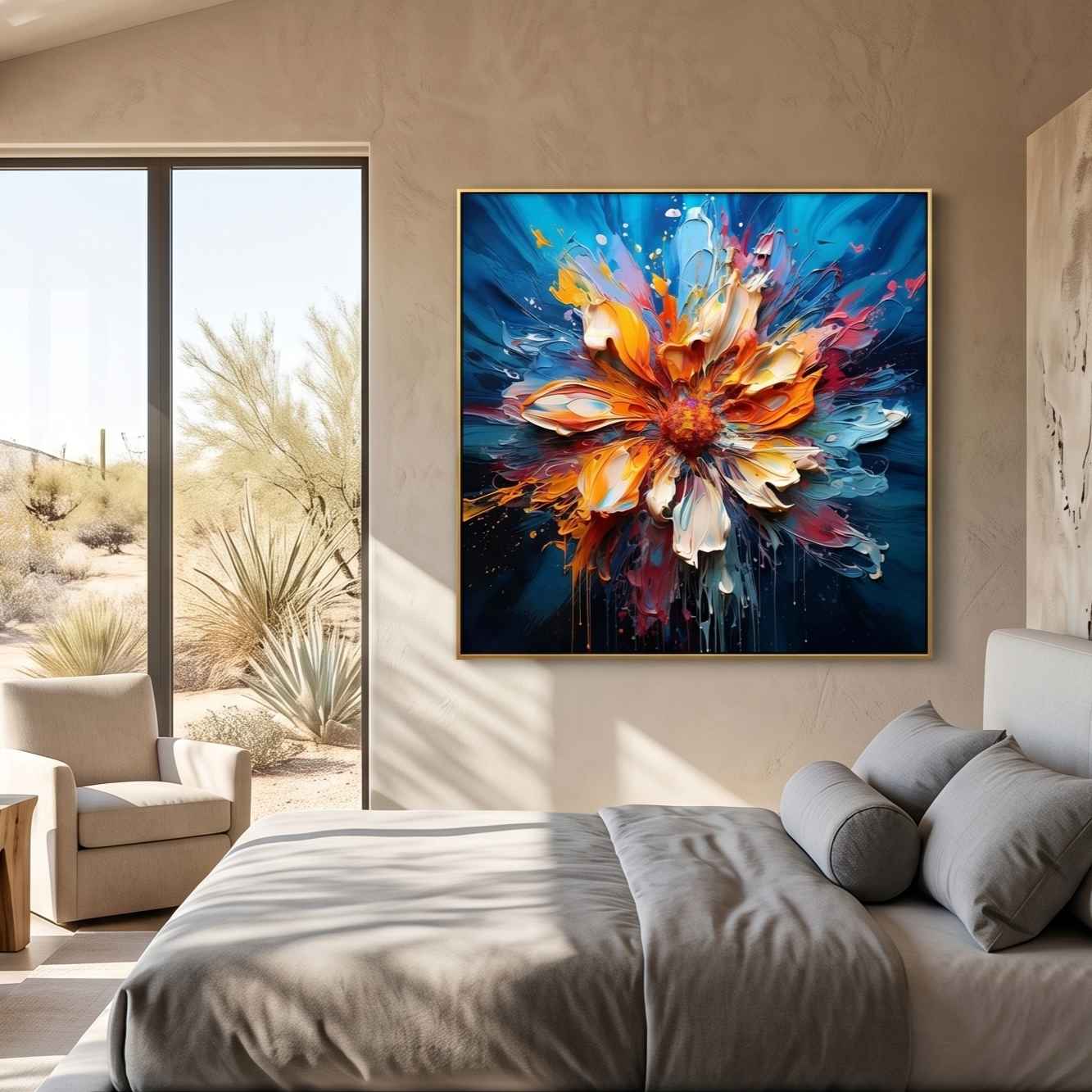 "Ignited Bloom" – Radiant Heavy Impasto Abstract Floral Oil Painting | Bold Dynamic 3D Texture Wall Art #FL302