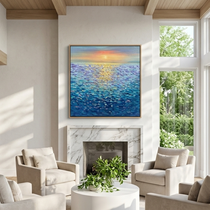 "Golden Ripples" – Impressionist Sunset Seascape Impasto Painting | Modern Healing Style Blue Ocean Wall Art#BE037