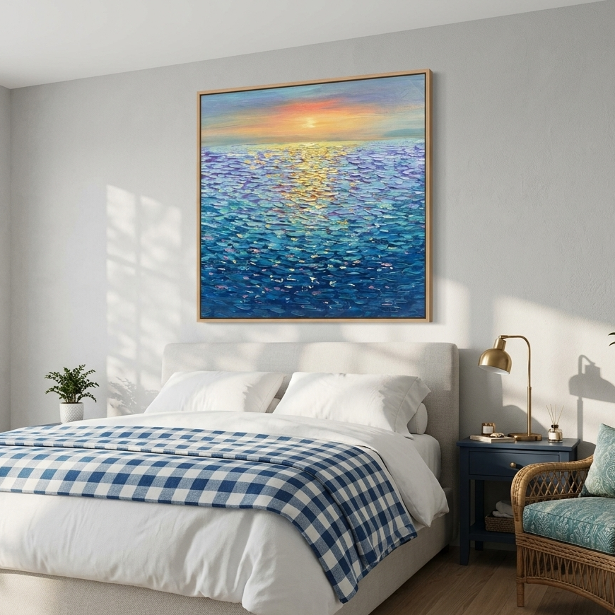 "Golden Ripples" – Impressionist Sunset Seascape Impasto Painting | Modern Healing Style Blue Ocean Wall Art#BE037