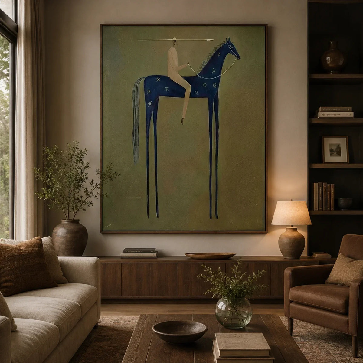 "Emerald Stillness" - Modern Heavy Impasto Western Animal Artwork | Blue Palette Knife Painting | Luxury Vertical Wall Art #PT 2593