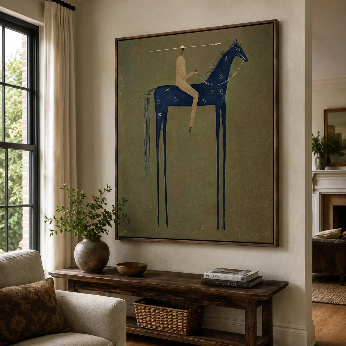 "Emerald Stillness" - Modern Heavy Impasto Western Animal Artwork | Blue Palette Knife Painting | Luxury Vertical Wall Art #PT 2593