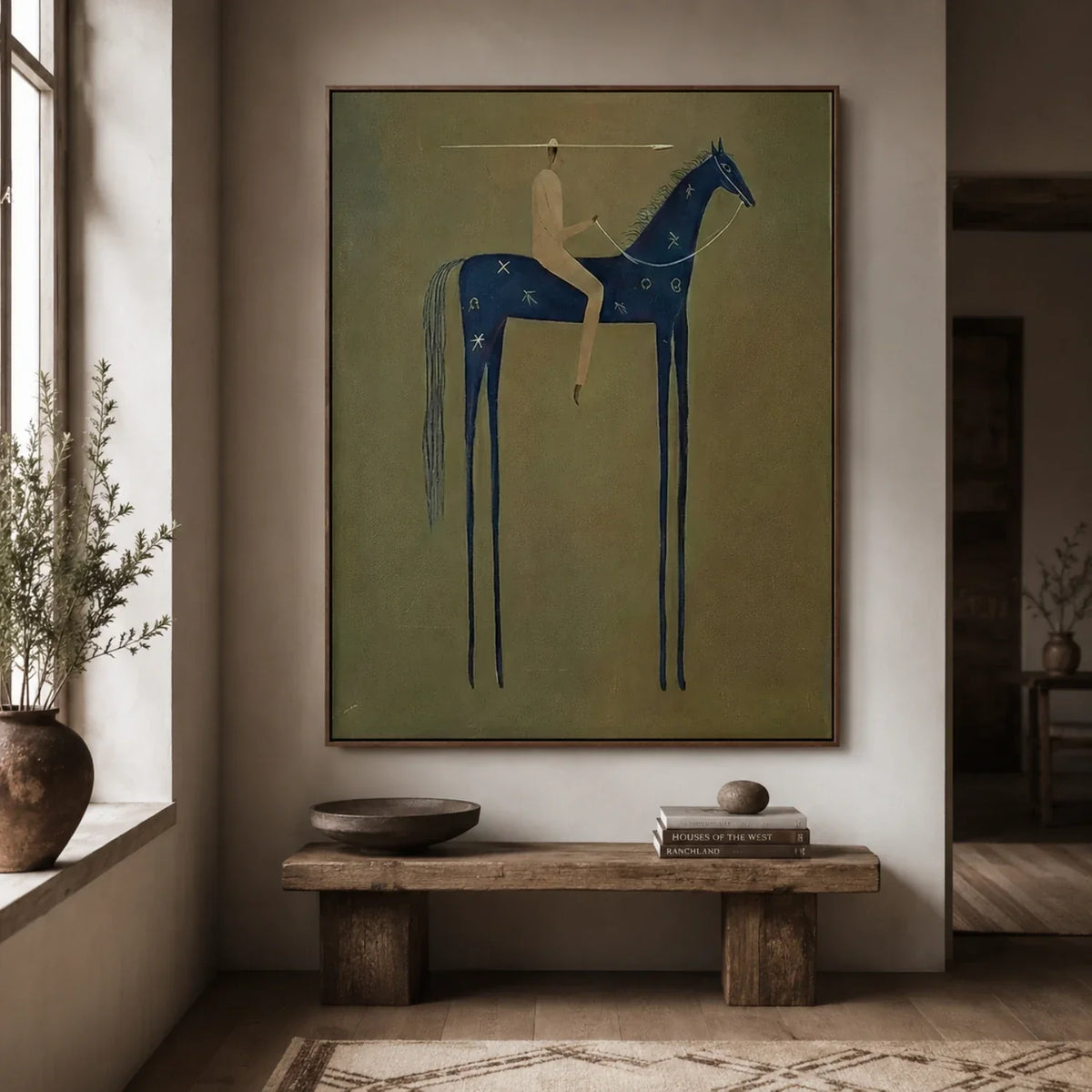 "Emerald Stillness" - Modern Heavy Impasto Western Animal Artwork | Blue Palette Knife Painting | Luxury Vertical Wall Art #PT 2593