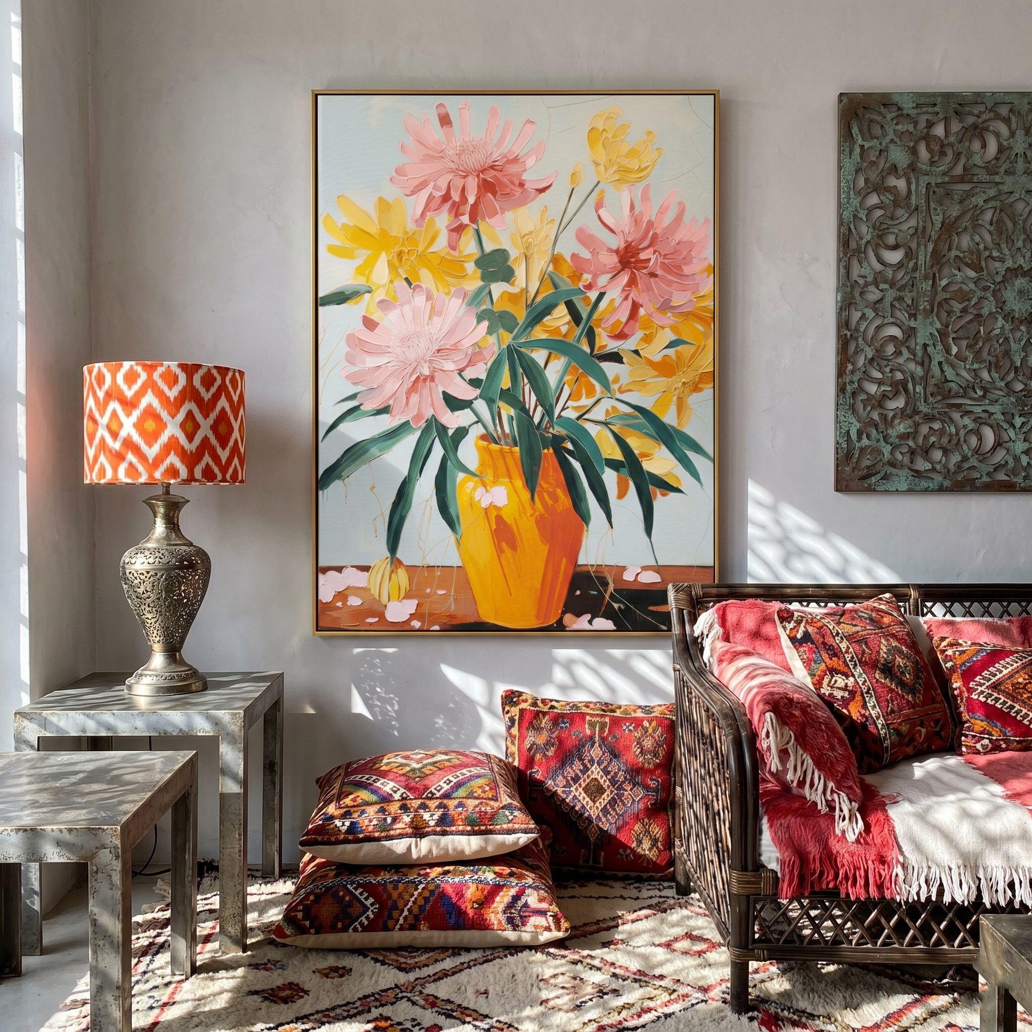 "Vivid Bloom" – Modern Vibrant Floral Impasto Painting | Dopamine Style Orange Vase Healing Wall Art #FL311
