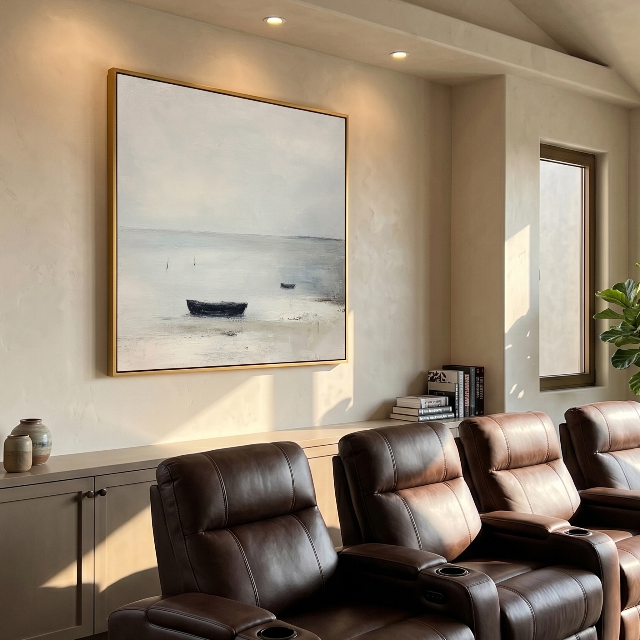 "The Silent Moor" – Modern Zen Minimalist Boat Abstract | Misty Gray Seascape Wabi-Sabi Gallery Art #WS 228
