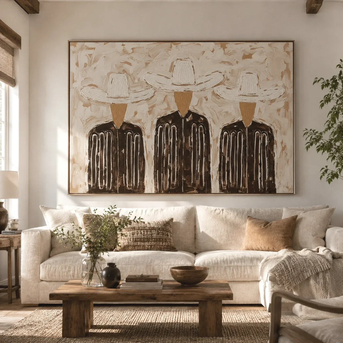 "Trinity in Linen" - Modern Heavy Impasto Abstract Artwork | Black & Golden Palette Knife Painting | Luxury Horizontal Wall Art #PT 2655