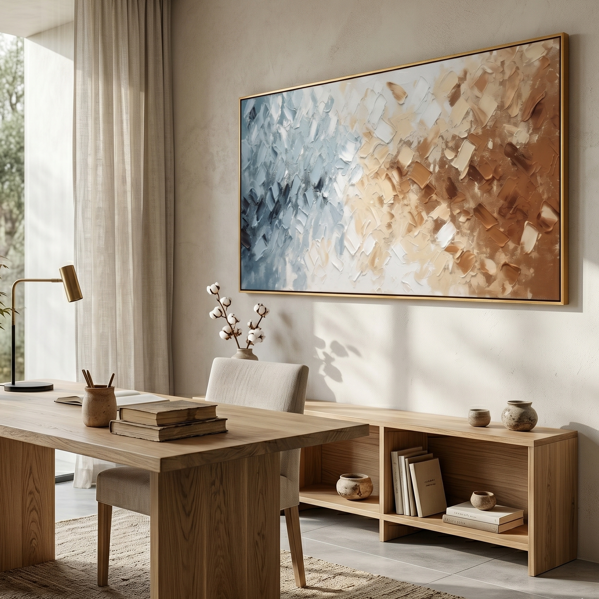 "The Convergence of Eras" – Modern Heavy Impasto Abstract | 3D Blue & Caramel Palette Knife Painting | Luxury Horizontal Wall Art #PT 542