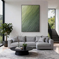 "Verdant Muted Space" is a 100% hand-painted minimalist abstract created with professional oil and acrylic paints on high-quality canvas. Its green palette and visible textured strokes give every piece authentic handmade variation and tactile depth.