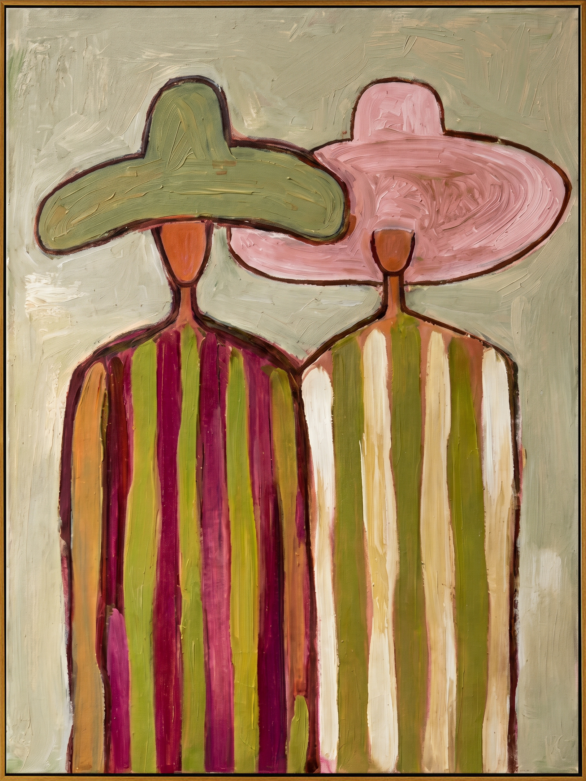 "The Striped Pair" – Modern Heavy Impasto Abstract Portrait | 3D Sage & Blush Palette Knife Painting | Luxury Vertical Wall Art #PE 514