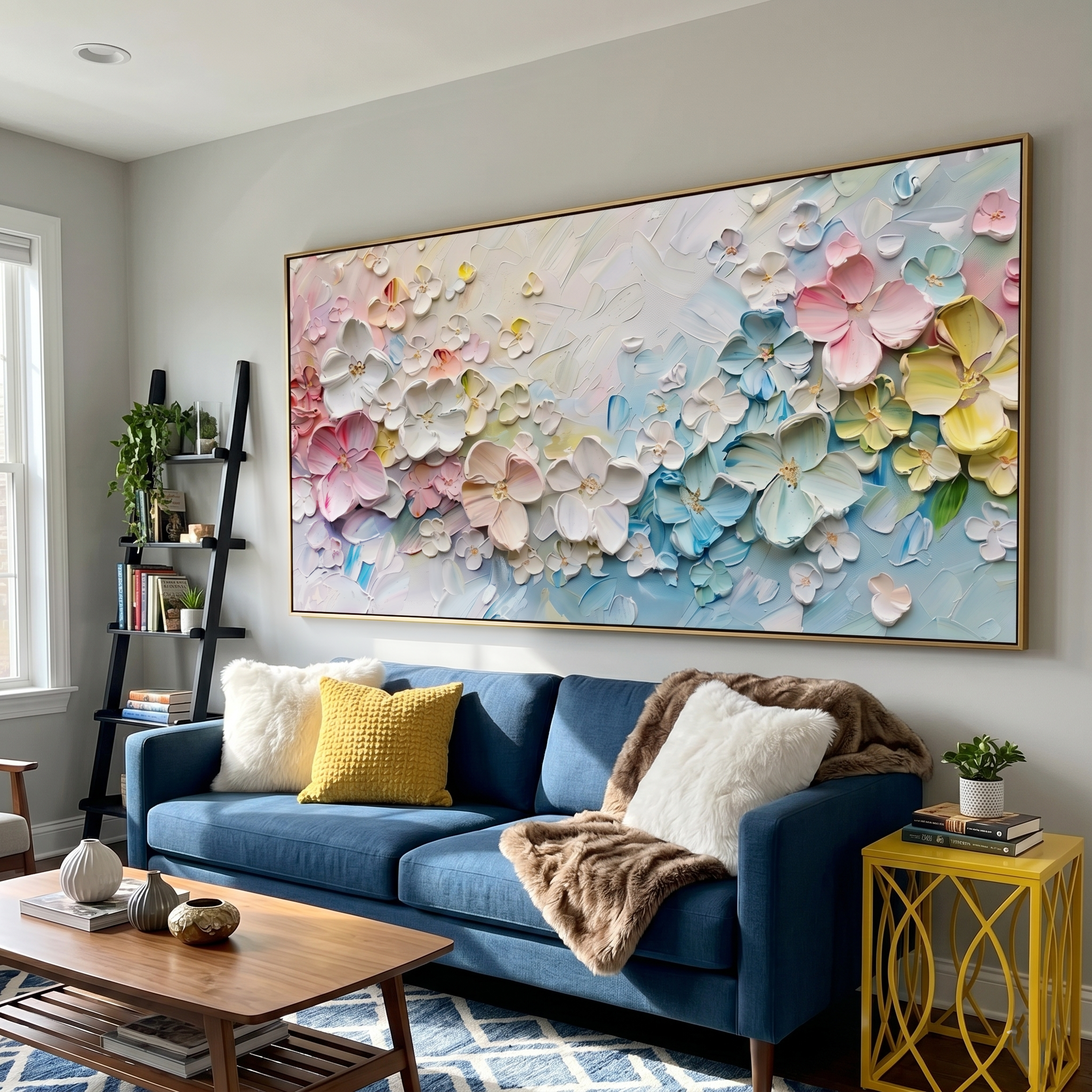 "Floral Sanctuary" – 3D Sculptural Heavy Impasto Blossom | Modern Creamy Style Healing Long Horizontal Wall Art #PT 546