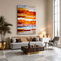 "Modern Chromatic Rhythm" is a 100% hand-painted abstract artwork created with professional oil and acrylic paints on high-quality canvas. Its orange & red palette and visible textured strokes give every piece authentic handmade variation and tactile depth.