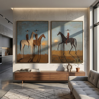 "Coastal Sunset Cowboy Duet Diptych" – Modern Heavy Impasto Surreal Western Figurative | 3D Dusk Blue & Earth Umber Palette Knife Painting | Luxury Two-Panel Vertical Wall Art Set #AB 522