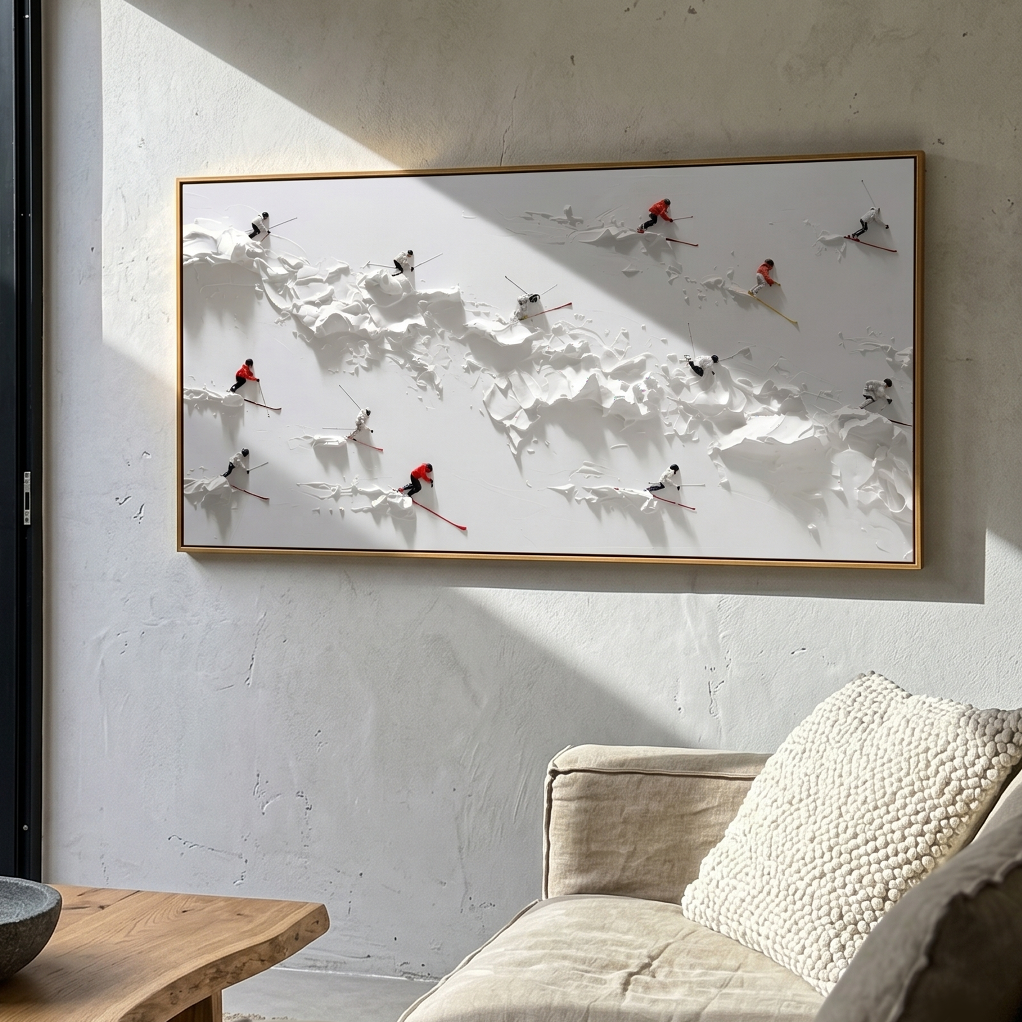 "The Alpine Rush" – Modern 3D Heavy Impasto Skiing Abstract | Minimalist White Relief Statement Art #PT 545