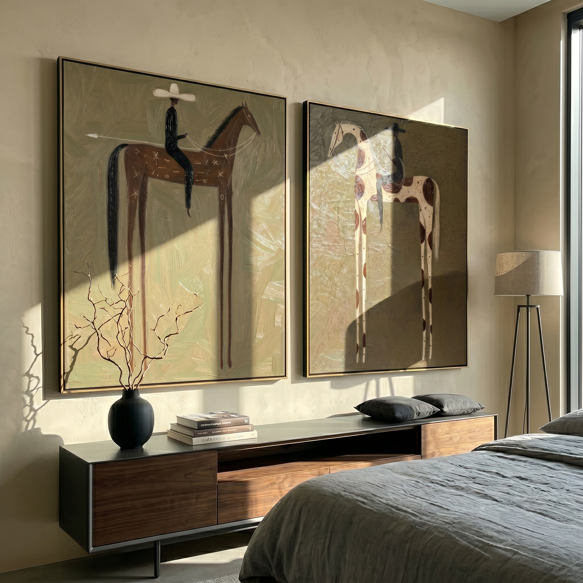 "Dual Long-Legged Cowboy Wanderers Diptych" – Modern Heavy Impasto Primitive Western Figurative | 3D Muted Olive & Rust Umber Palette Knife Painting | Luxury Two-Panel Vertical Wall Art Set #AB 521