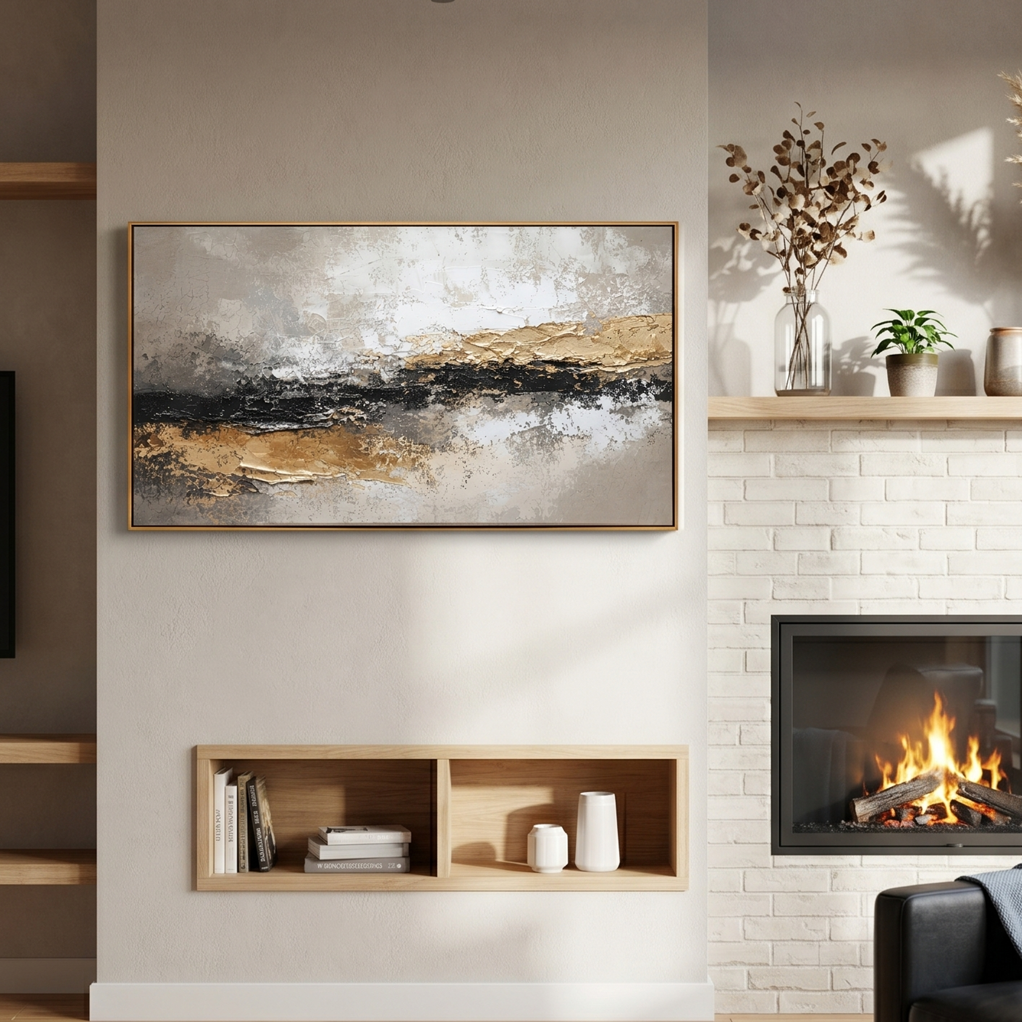 "Tectonic Rift" – Luxury 3D Sculptural Gold Foil Relief | Modern Wabi-Sabi Gray Texture Horizontal Art #WS 240