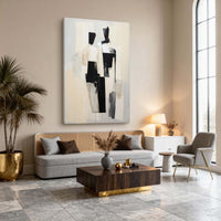 "Abstract Figure Pair" - Modern Wabi-Sabi Figurative Art | Beige Black Textured Canvas Painting | Luxury Vertical Wall Art #WS 116