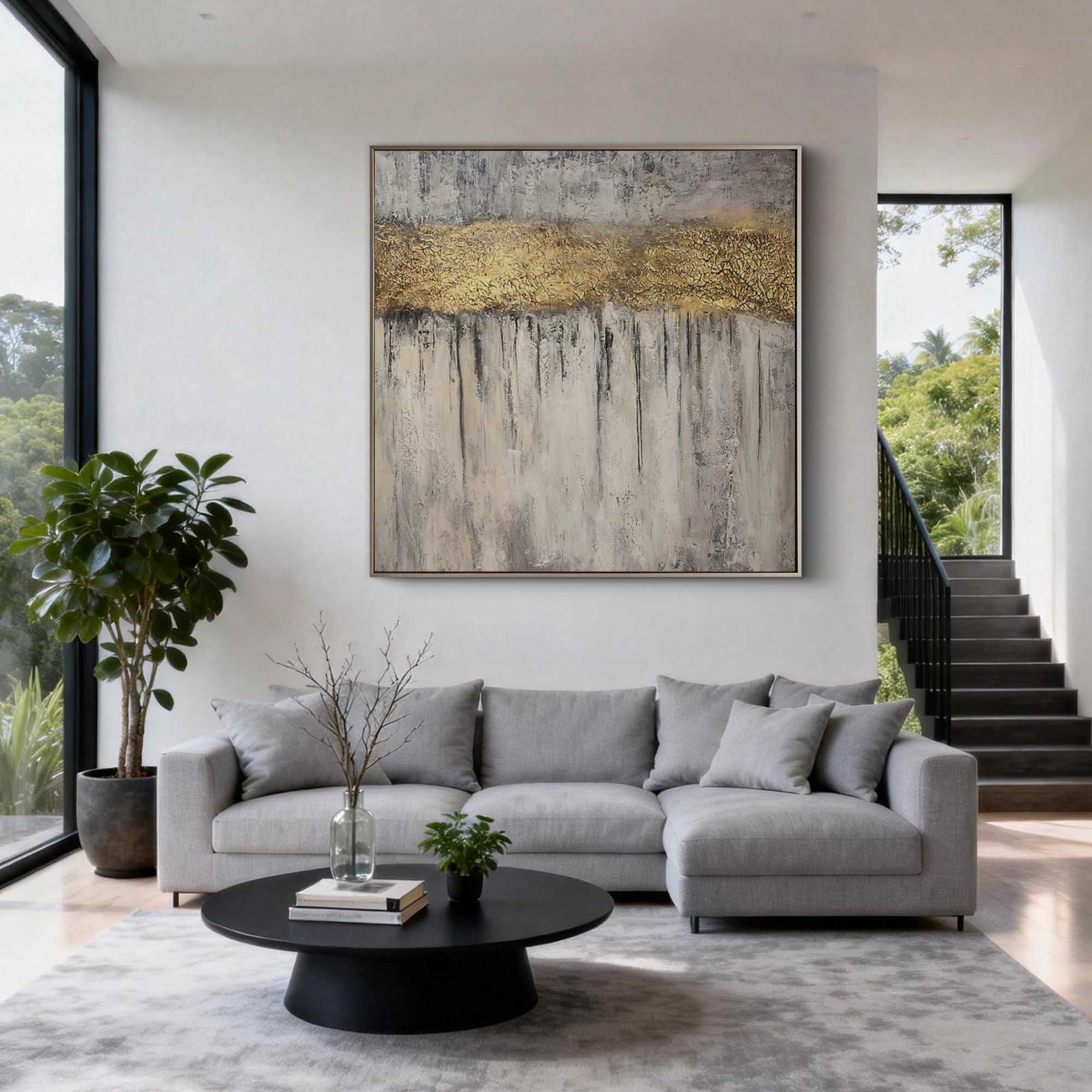 "Golden Crevice" – Luxury 3D Sculptural Gold Leaf Relief | Modern Wabi-Sabi Grey Texture Mansion Statement Art#WS 219