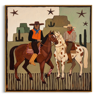 "Dual Frontier Riders" – Modern Heavy Impasto Southwestern Folk Figurative | 3D Muted Sage & Rust Ochre Palette Knife Painting | Luxury Square Wall Art #PT 563