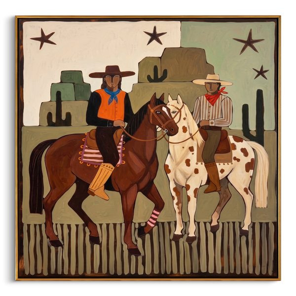 "Dual Frontier Riders" – Modern Heavy Impasto Southwestern Folk Figurative | 3D Muted Sage & Rust Ochre Palette Knife Painting | Luxury Square Wall Art #PT 563