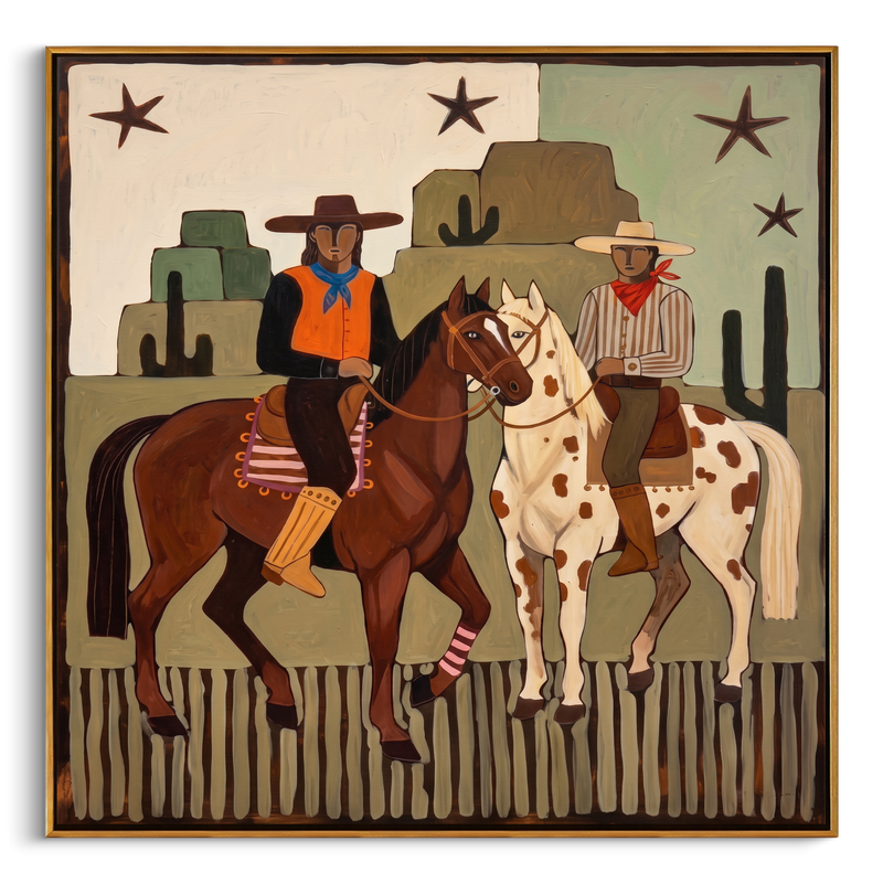 "Dual Frontier Riders" – Modern Heavy Impasto Southwestern Folk Figurative | 3D Muted Sage & Rust Ochre Palette Knife Painting | Luxury Square Wall Art #PT 563