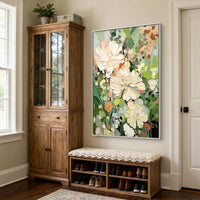 "Sand Petal Reverie" is a 100% hand-painted floral artwork created with professional oil and acrylic paints on high-quality canvas. Its beige & green palette and visible textured strokes give every piece authentic handmade variation and tactile depth.