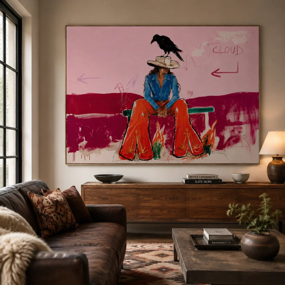 "Crow’s Cowgirl" - Modern Heavy Impasto Western Animal Artwork | Pink Palette Knife Painting | Luxury Horizontal Wall Art #PT 2654