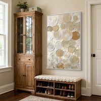 "Ivory Pebble Circles" - Modern Wabi-Sabi Textured Abstract Art | Gold White 3D Round Relief Canvas Painting | Luxury Vertical Wall Art #WS 049