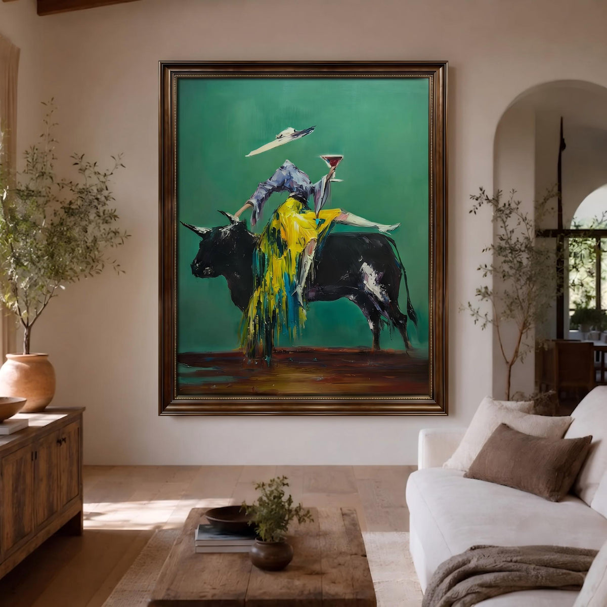 "Velvet Toast of the Emerald Bull" - Modern Heavy Impasto Western Animal Artwork | Green Palette Knife Painting | Luxury Vertical Wall Art #PT 2661