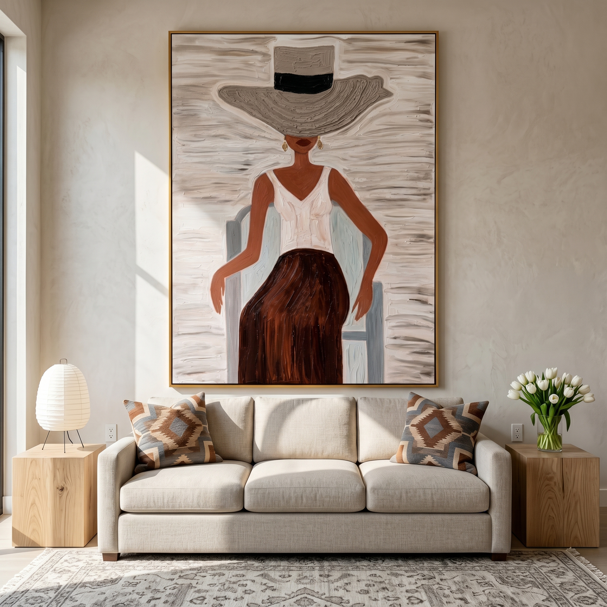 Sunhat Serenity" – Expressive Impasto Figurative Artwork | Tactile Neutral Tone Woman in Chair Art | Luxury Minimalist Statement Wall Art #PE 502
