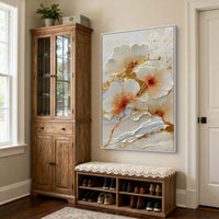 "White Floral Plaster" - Modern Wabi-Sabi Floral Art | Gold White Textured Canvas Painting | Luxury Vertical Wall Art #WS 052