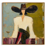 "Lounge Cowgirl With Martini" – Modern Heavy Impasto Retro Western Figurative | 3D Moss Olive & Dusty Teal Palette Knife Painting | Luxury Square Wall Art #AB 525