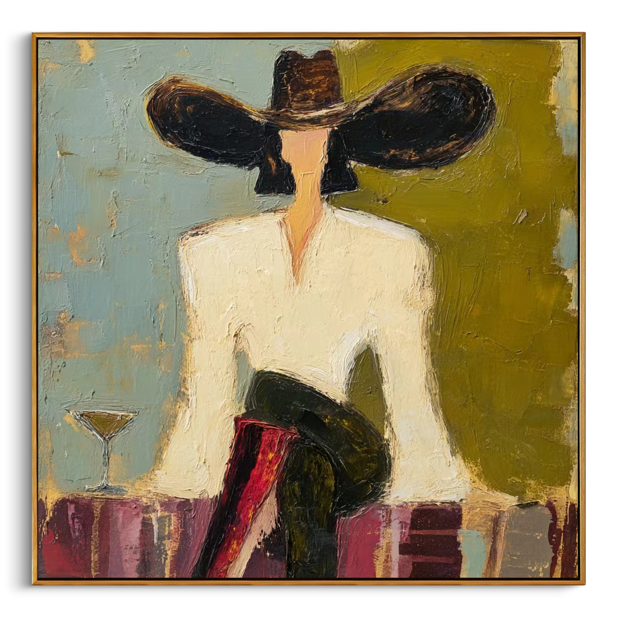 "Lounge Cowgirl With Martini" – Modern Heavy Impasto Retro Western Figurative | 3D Moss Olive & Dusty Teal Palette Knife Painting | Luxury Square Wall Art #AB 525