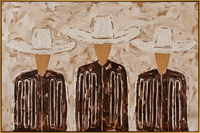 "Three Linear Ranch Cowboys" – Modern Heavy Impasto Minimal Western Figurative | 3D Warm Taupe & Coffee Brown Palette Knife Painting | Luxury Horizontal Wall Art #PE 525