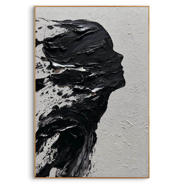 "The Silent Void" – Avant-Garde Black & White Impasto Silhouette | Modern 3D Heavy Texture Woman Portrait Art #PE467