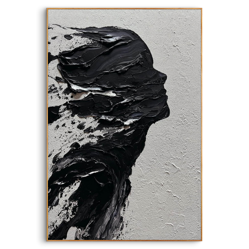 "The Silent Void" – Avant-Garde Black & White Impasto Silhouette | Modern 3D Heavy Texture Woman Portrait Art #PE467