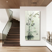 "Bamboo Mist Shore" - Modern Wabi-Sabi Landscape Painting | Sage Green White Botanical Panoramic Canvas Art | Luxury Vertical Wall Art #WS 031