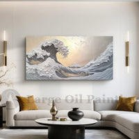 "Golden Storm Wave" is a 100% hand-painted seascape created with professional oil and acrylic paints on high-quality canvas. Its grey & white palette and visible textured strokes give every piece authentic handmade variation and tactile depth.