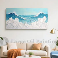 "Azure Coastal Light" is a 100% hand-painted seascape created with professional oil and acrylic paints on high-quality canvas. Its blue & white palette and visible textured strokes give every piece authentic handmade variation and tactile depth.