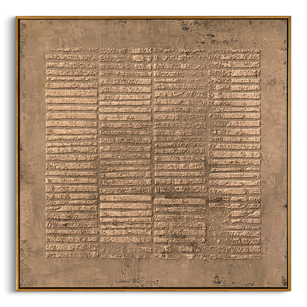 "Ancient Script Relief" – Modern Heavy Impasto Abstract Art | 3D Bronze & Beige Textured Palette Knife Painting | Luxury Square Wall Art #WS 246