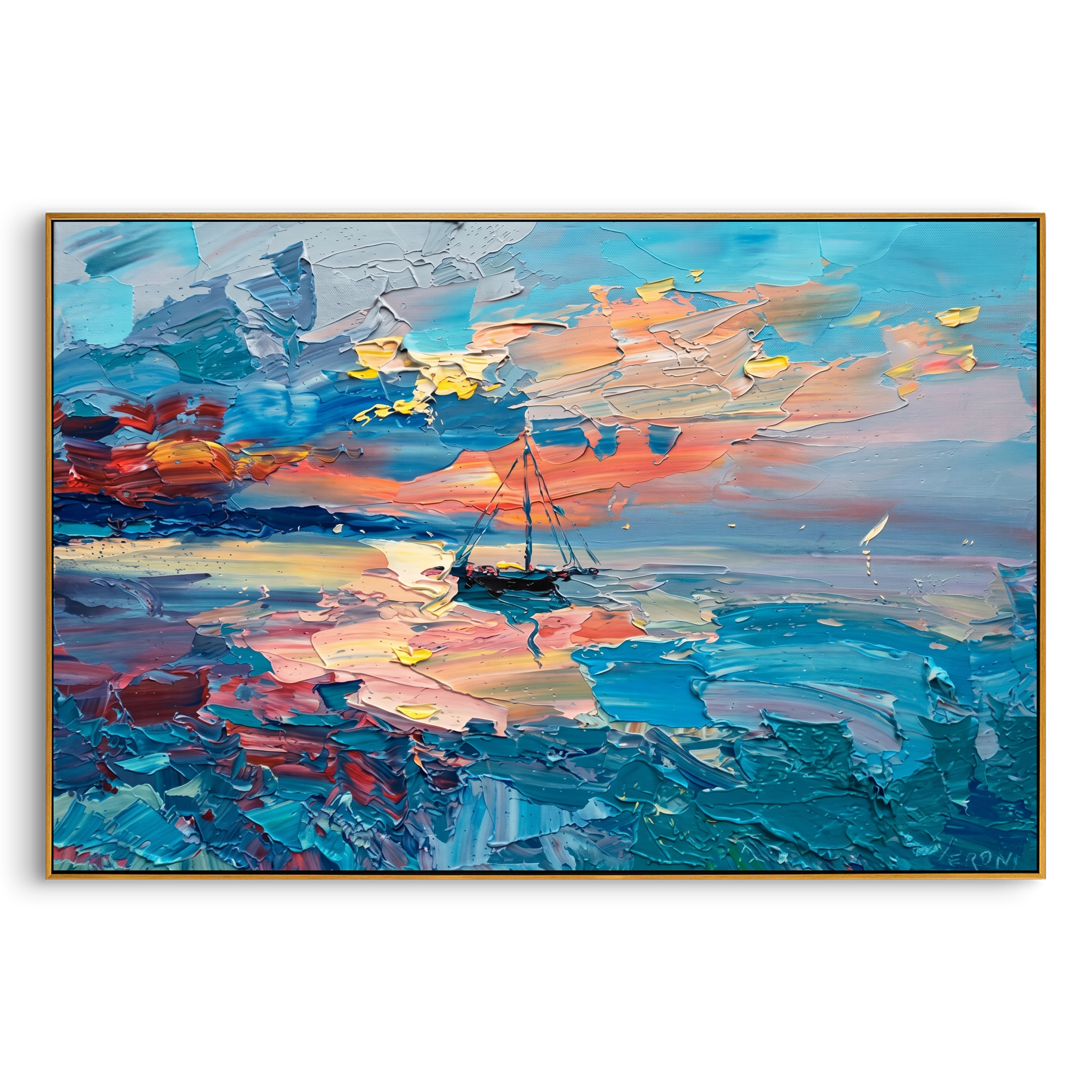 "Harbor Afterglow" - Modern Heavy Impasto Seascape | Turquoise Blue & Sunset Pink Sailboat Oil Painting | Luxury Horizontal Wall Art #PT 591