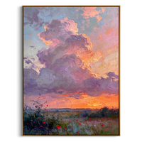 "Lavender Sunset Poppy Meadow" – Modern Heavy Impasto Impressionist Landscape | 3D Dusk Violet & Tangerine Glow Palette Knife Painting | Luxury Vertical Wall Art #PT 571
