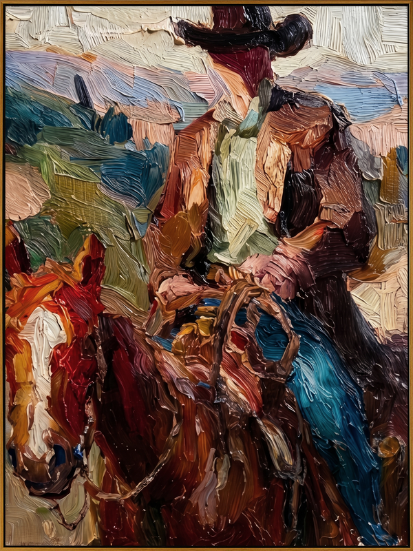 "Palette Knife Cowboy" – Textured Impasto Equestrian Artwork | Bold Tones Expressive Wall Decor | Contemporary Vertical Statement Piece #PT 557