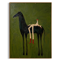 "Whimsical Slender Rider & Black Steed" – Modern Heavy Impasto Primitive Surreal Figurative | 3D Moss Olive & Crimson Red Palette Knife Painting | Luxury Vertical Wall Art #AB 526
